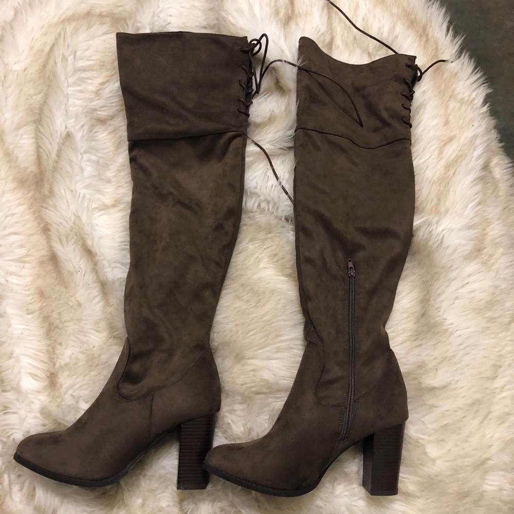 Chocolate colored thigh-high boots
